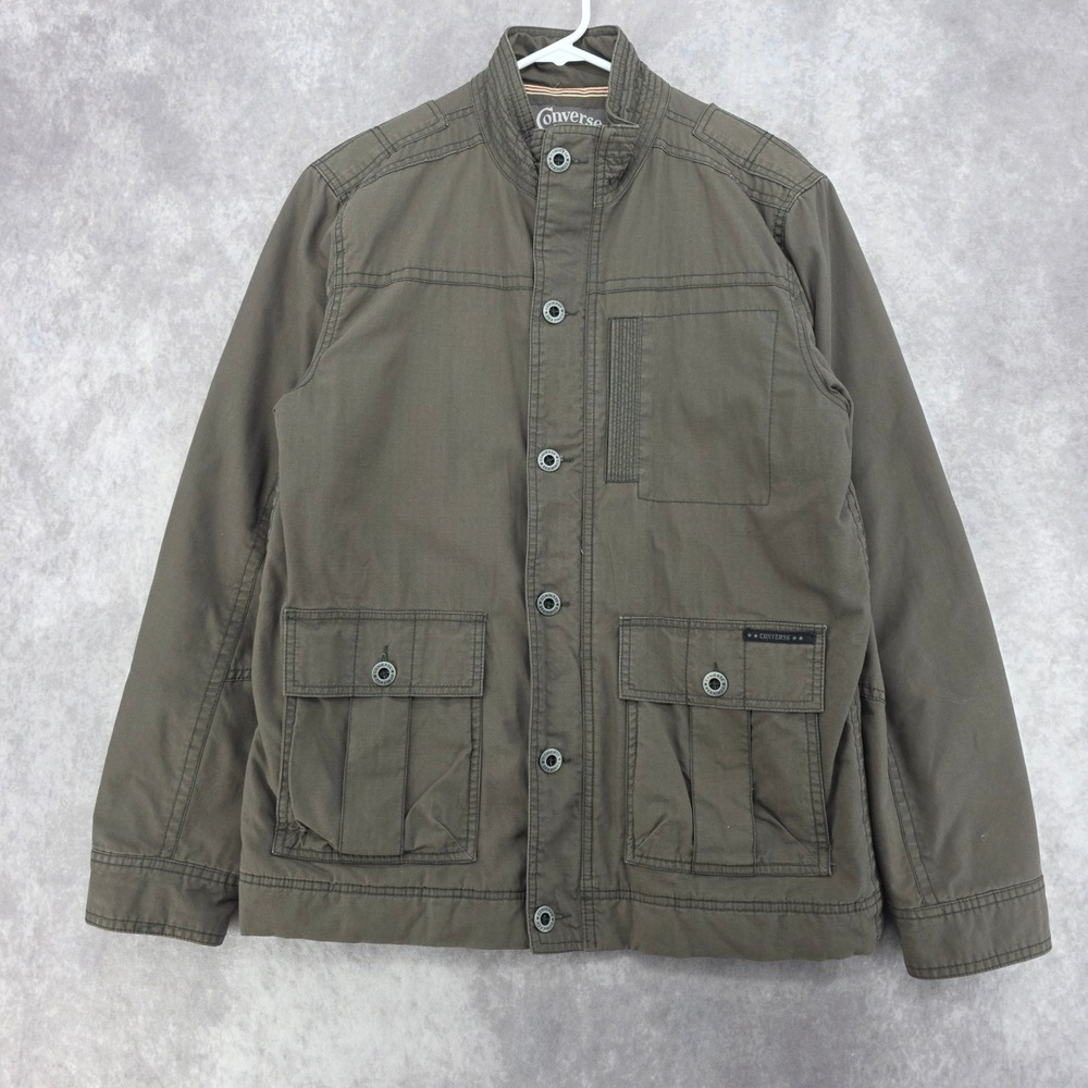 Converse Mens Olive Green Utility Field Jacket Button Up Cargo Pockets Size M